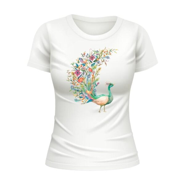 Round Neck Classic Modern Peacock Print Tshirt For Women