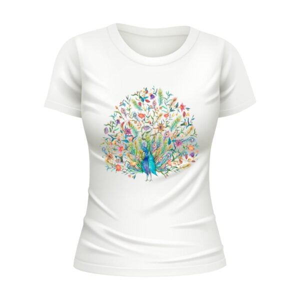 Round Neck Urbane Fashionista Peacock Print Tshirt For Women
