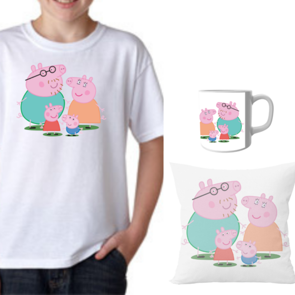 Product Guruji Peppa Pig White Round Neck Regular Fit Premium Polyester Tshirt with Cushion and Mug,.