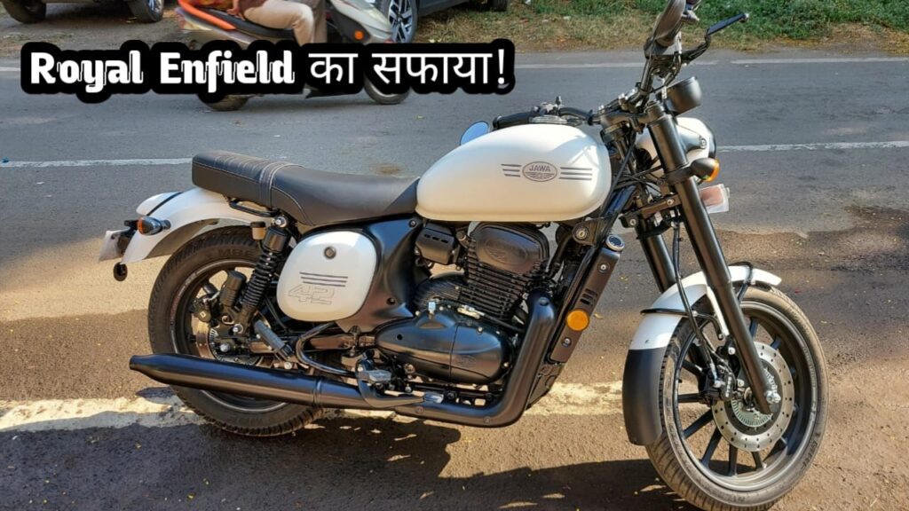 Jawa 350 motorcycle roaring on the road | Iconic bike with powerful engine and wide tyres | Top-rated two-wheeler for enthusiasts | Jawa vs Royal Enfield rivalry |
