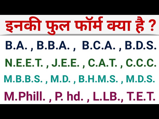 बी ए ,बी बी ए, बी कॉम, बीसीए, बीएड, टीईटी ,आईटीआई ,एमबीबीएस का पूरा नाम फुल फॉर्म क्या होता है
