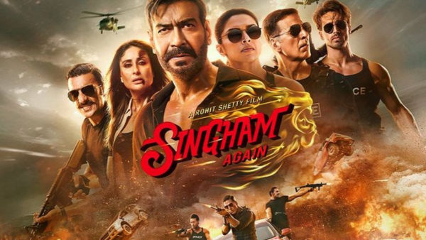 Ajay Devgn Singham Again film still featuring action scene with cameo stars, Rohit Shetty cop universe Bollywood blockbuster