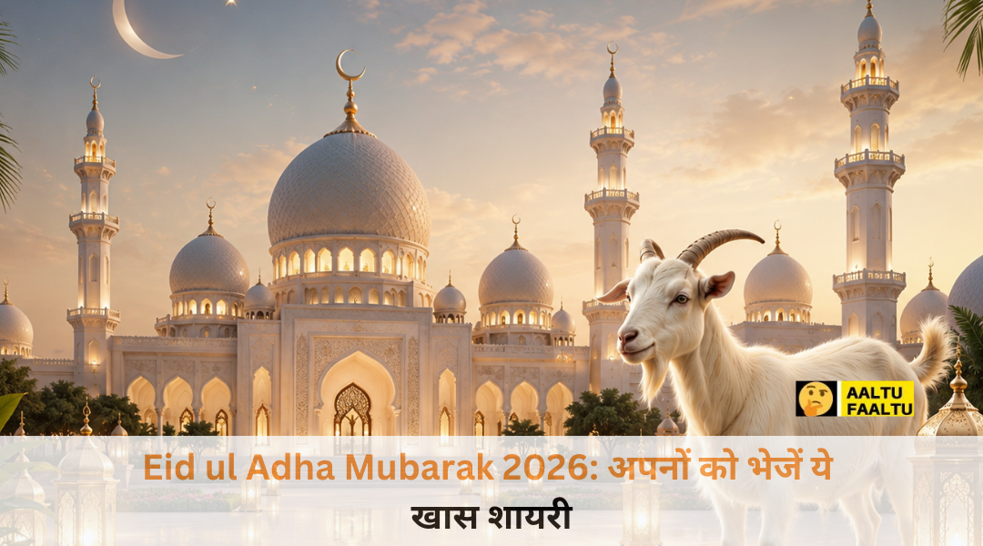 एक खूबसूरत अर्धचंद्राकार चांद और रोशन मस्जिद के बैकग्राउंड के साथ सुनहरे अक्षरों में लिखा हुआ Eid ul Adha Mubarak 2026।