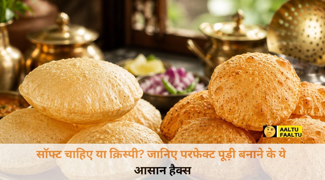 परफेक्ट फूली हुई सुनहरी पूड़ियां जो एक पारंपरिक भारतीय टोकरी में परोसी गई हैं।