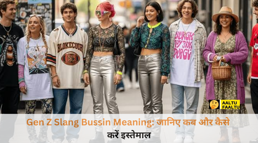 A group of cool Gen Z friends hanging out eating delicious food and using Gen Z Slang Bussin Meaning text overlay